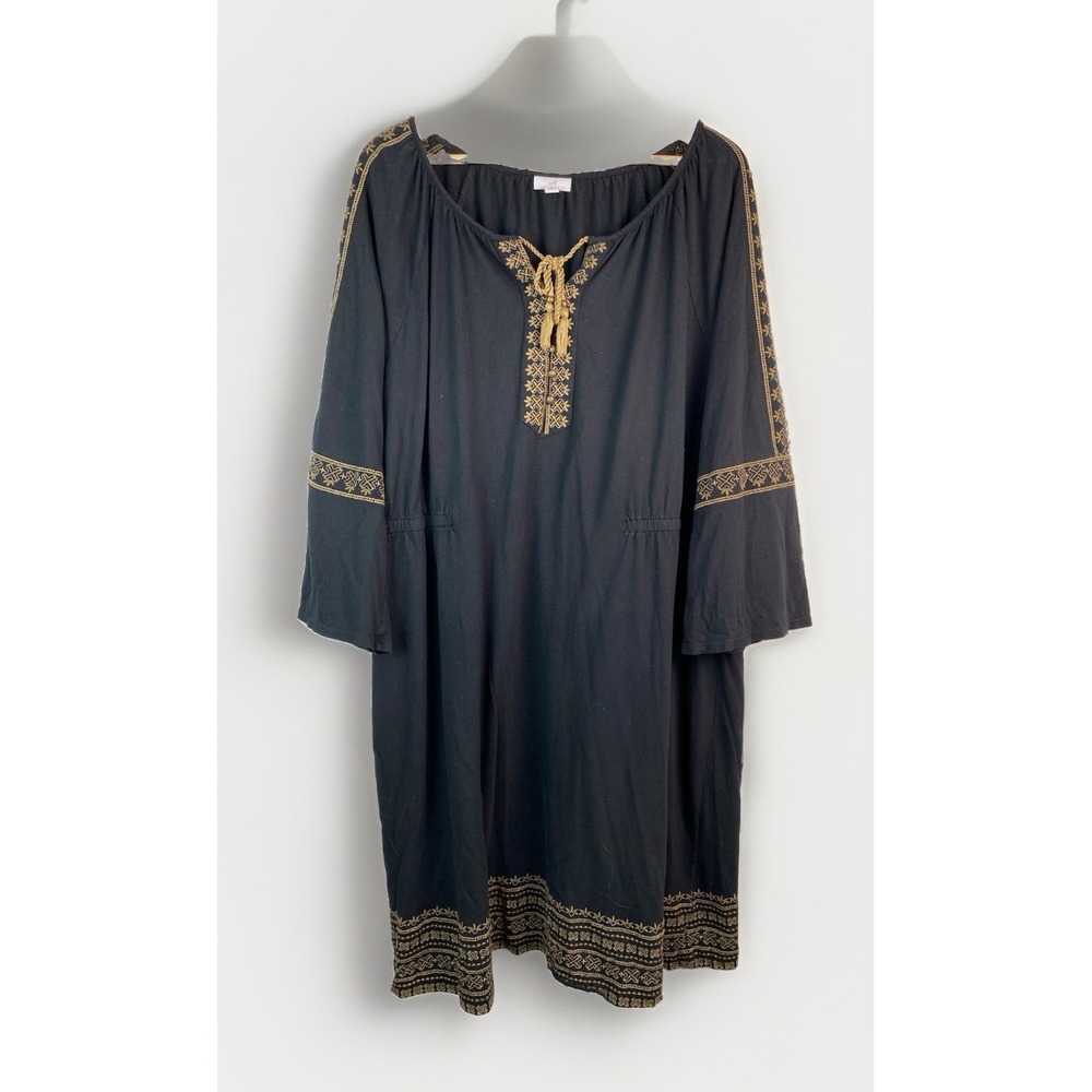 J. Jill Women's 3X Black Tan Embroidered 3/4 Sleeve Cotton Blend Shift Dress
